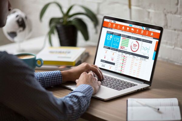 Fleet manager using fleet maintenance management software to oversee vehicle servicing, inspections and compliance
