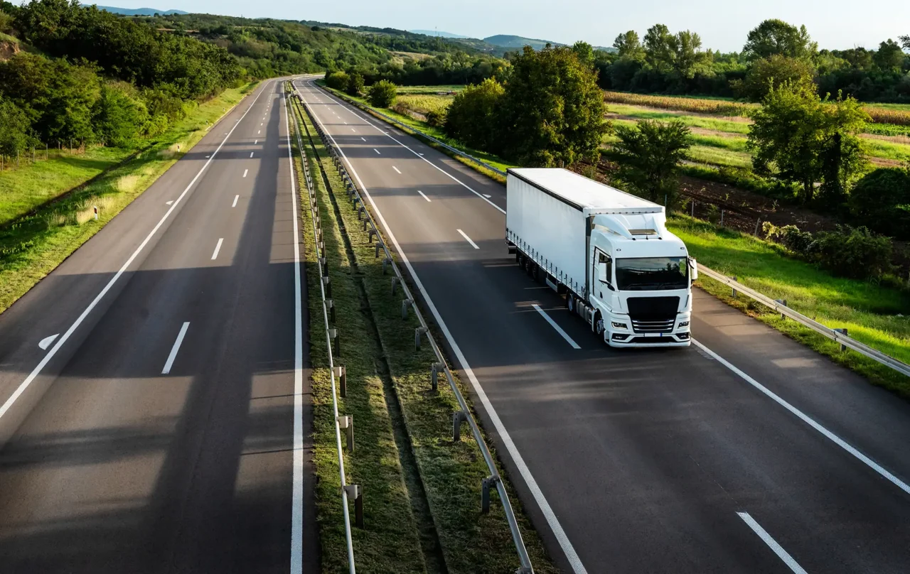 HGV commercial vehicle driving after completing a digital walkaround check