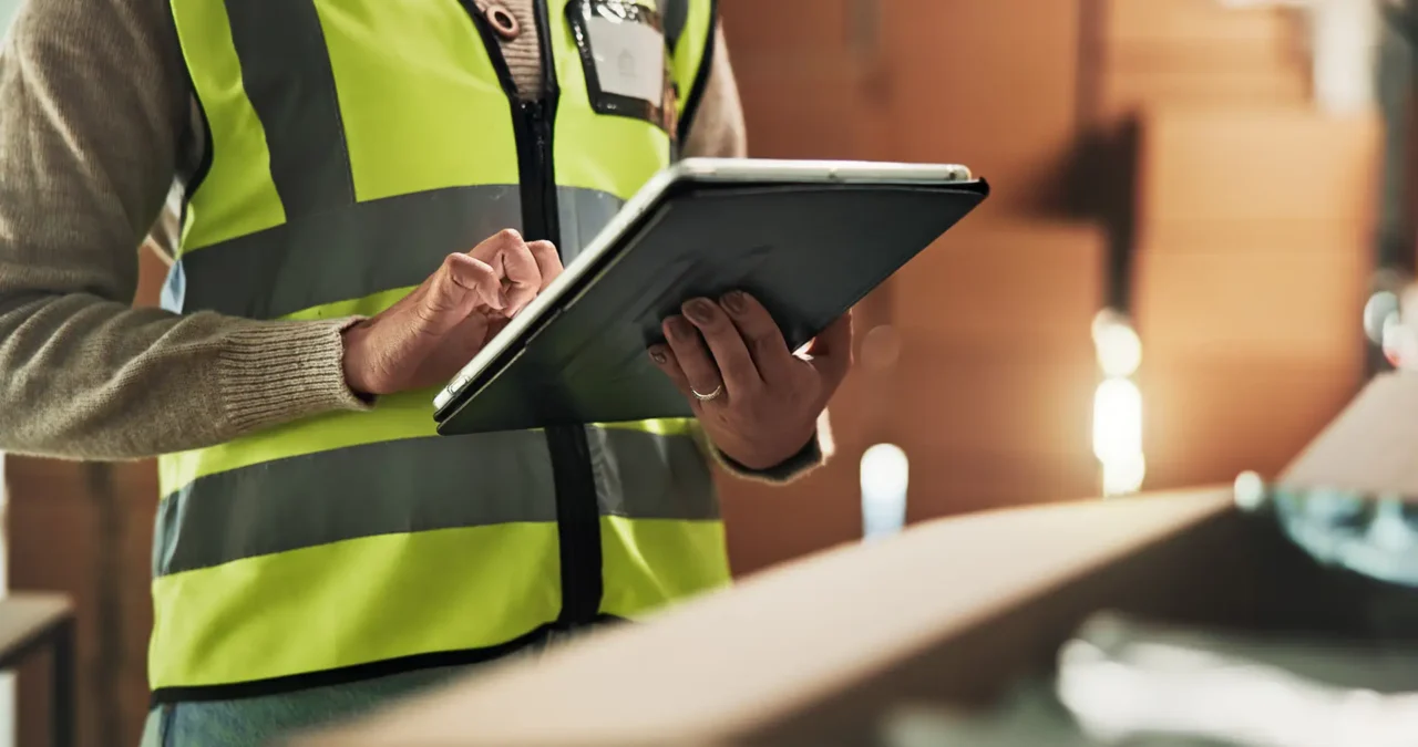 Close up of warehouse worker using a tablet.