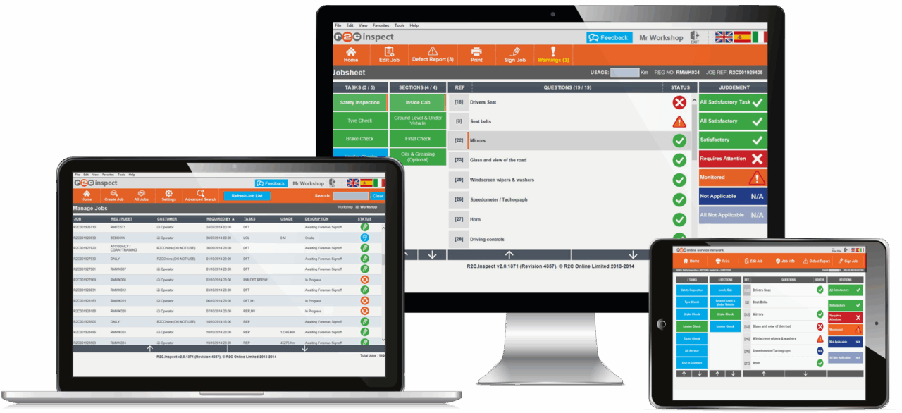 Workshop management software displayed on desktop, tablet and mobile devices for managing digital inspections, job sheets and workshop tasks.