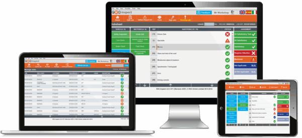 HGV inspection software and digital job sheets displayed on desktop, tablet and mobile devices.