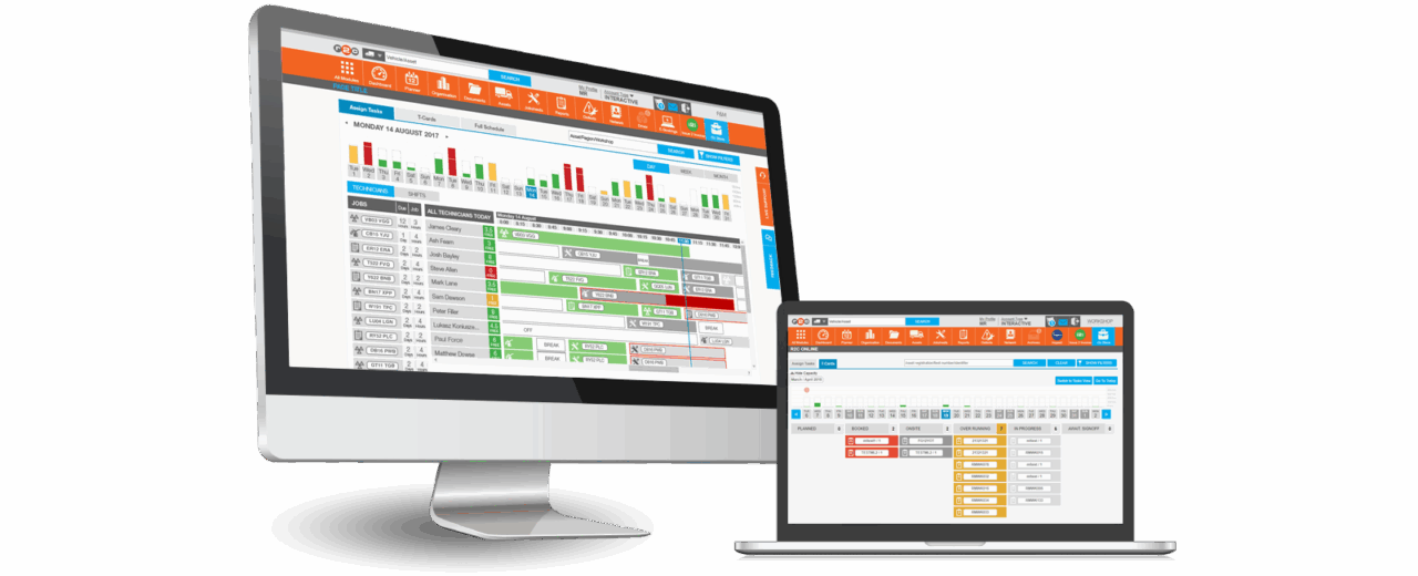 Fleet maintenance management software dashboard showing technician and resource schedules