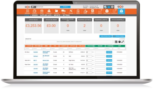 Workshop management software showing parts inventory, stock control and supplier management for commercial vehicle workshops.