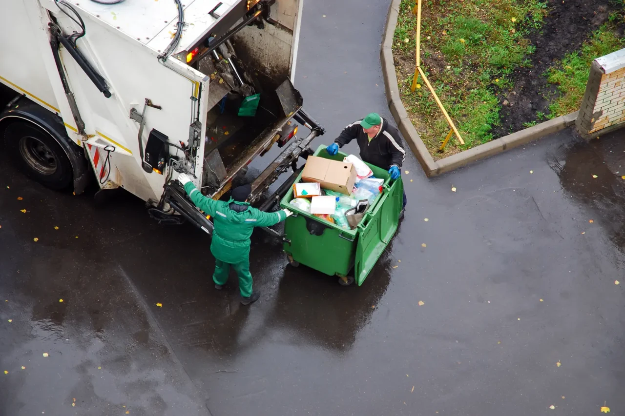 Ariel shot of recycling being collected and loaded into a lorry