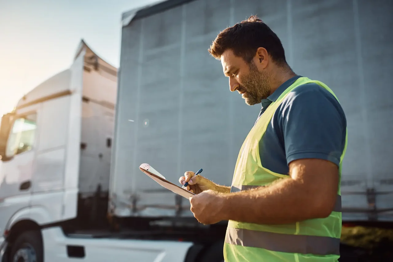 Man holding tablet in front of a lorry