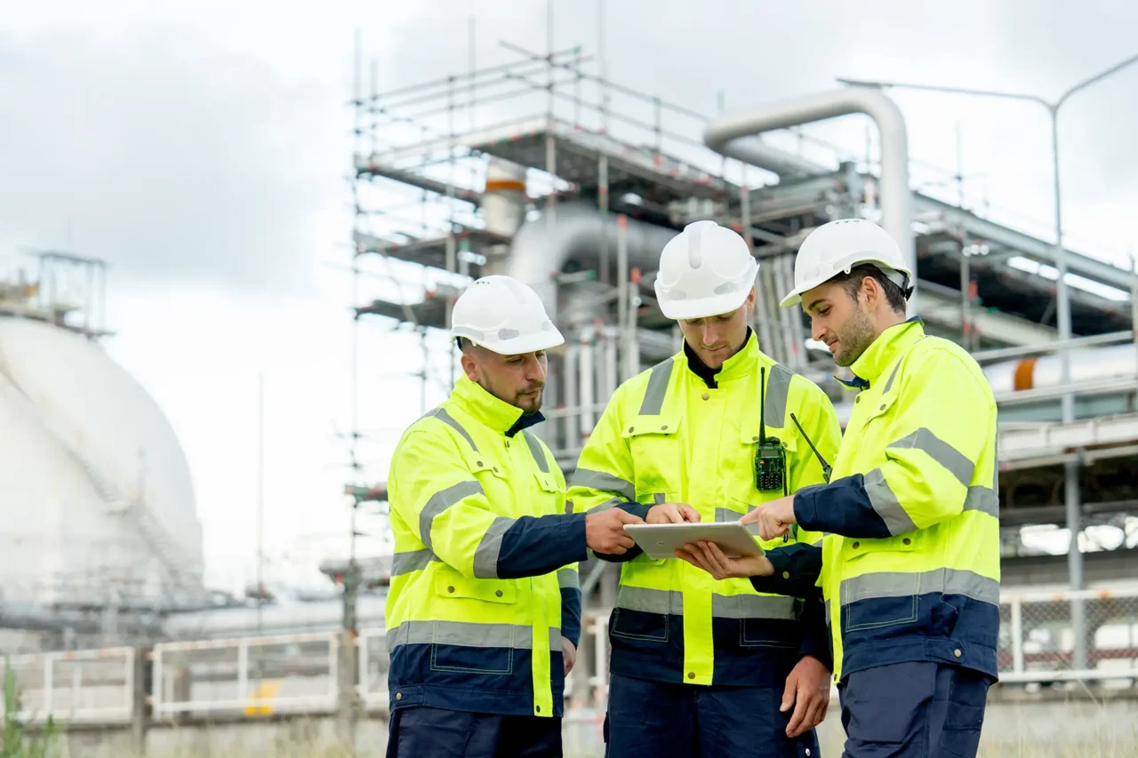 Three men standing around a tablet on a construction plant