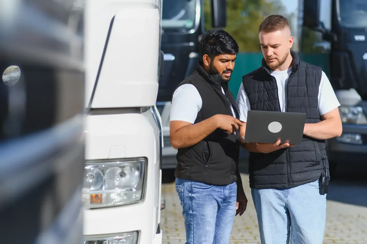 Team using a laptop to perform a PMI on an HGV