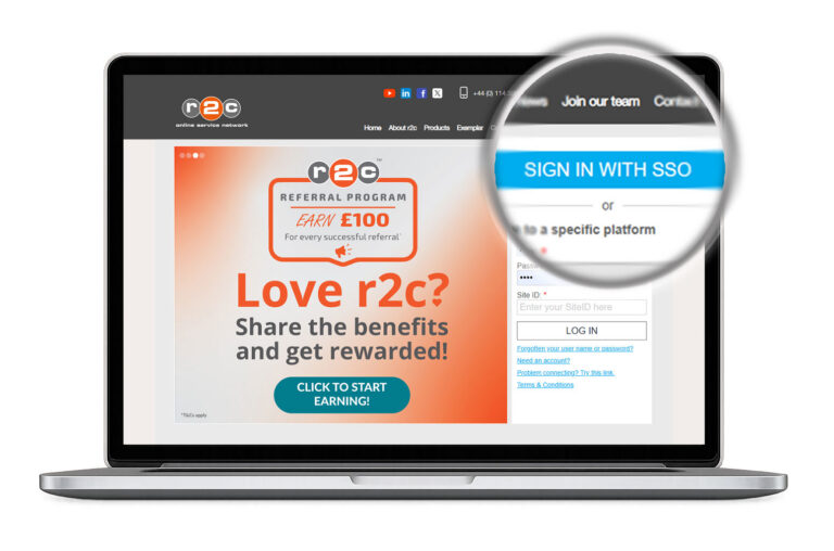 A Laptop showing r2c fleet & workshop management software and logging in via Single Sign-On (SSO)