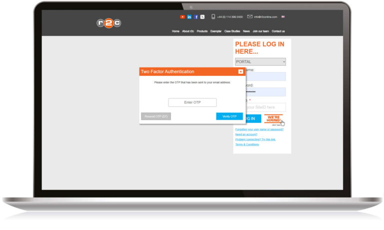 Logging into r2c fleet & workshop management software using 2-factor authentication and OTP passcode.